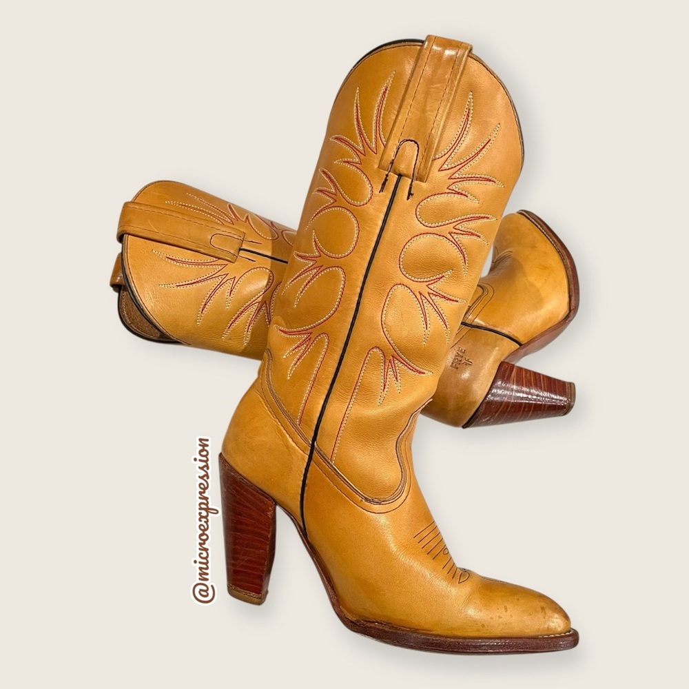1980s VINTAGE Frye Fire/Flame Banana Yellow Tan Embroidered Cowboy Western Boot - Picture 13 of 13